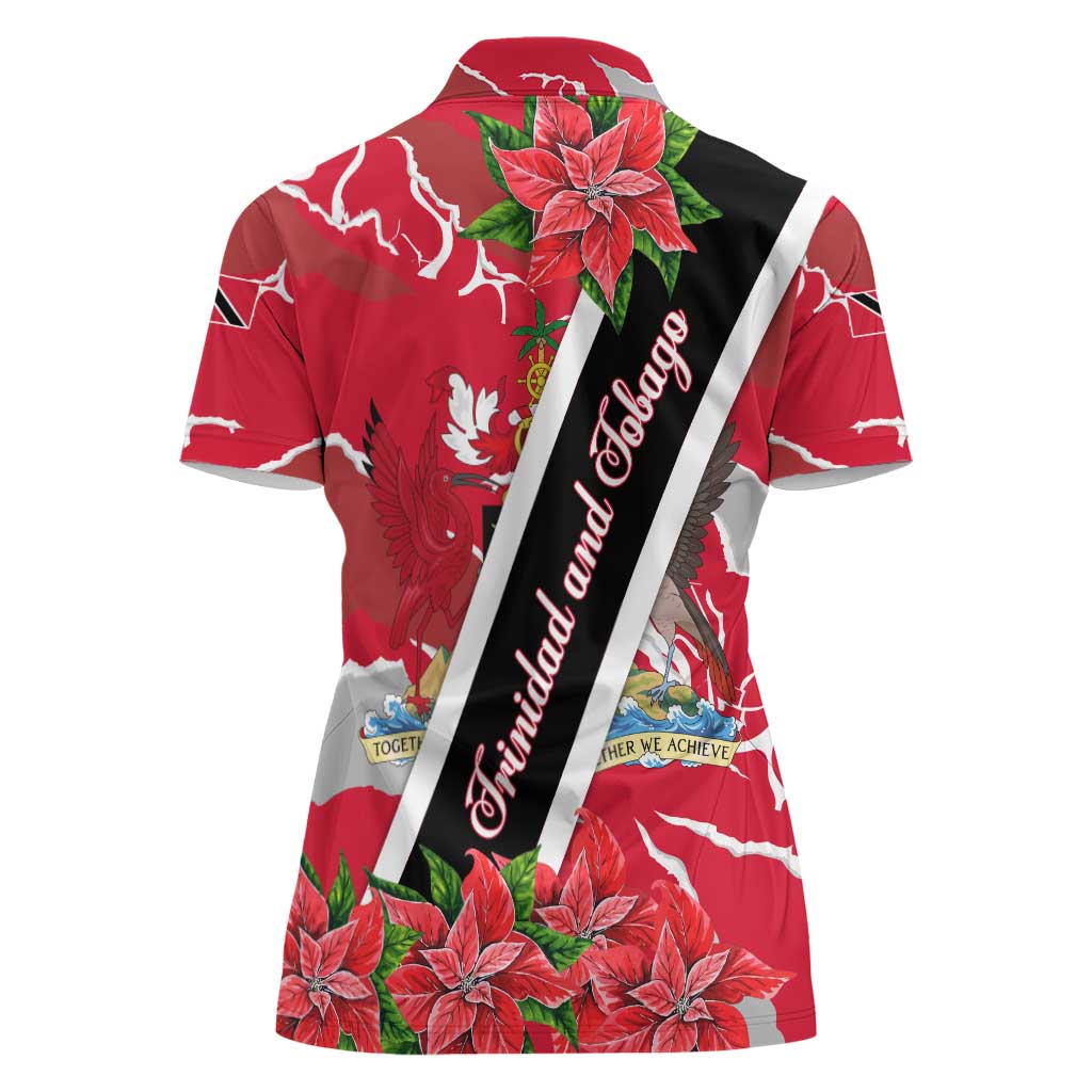 Trinidad and Tobago Red Poinsettia Women Polo Shirt with National Crest and Diagonal Flag Sash Design - Wonder Print Shop