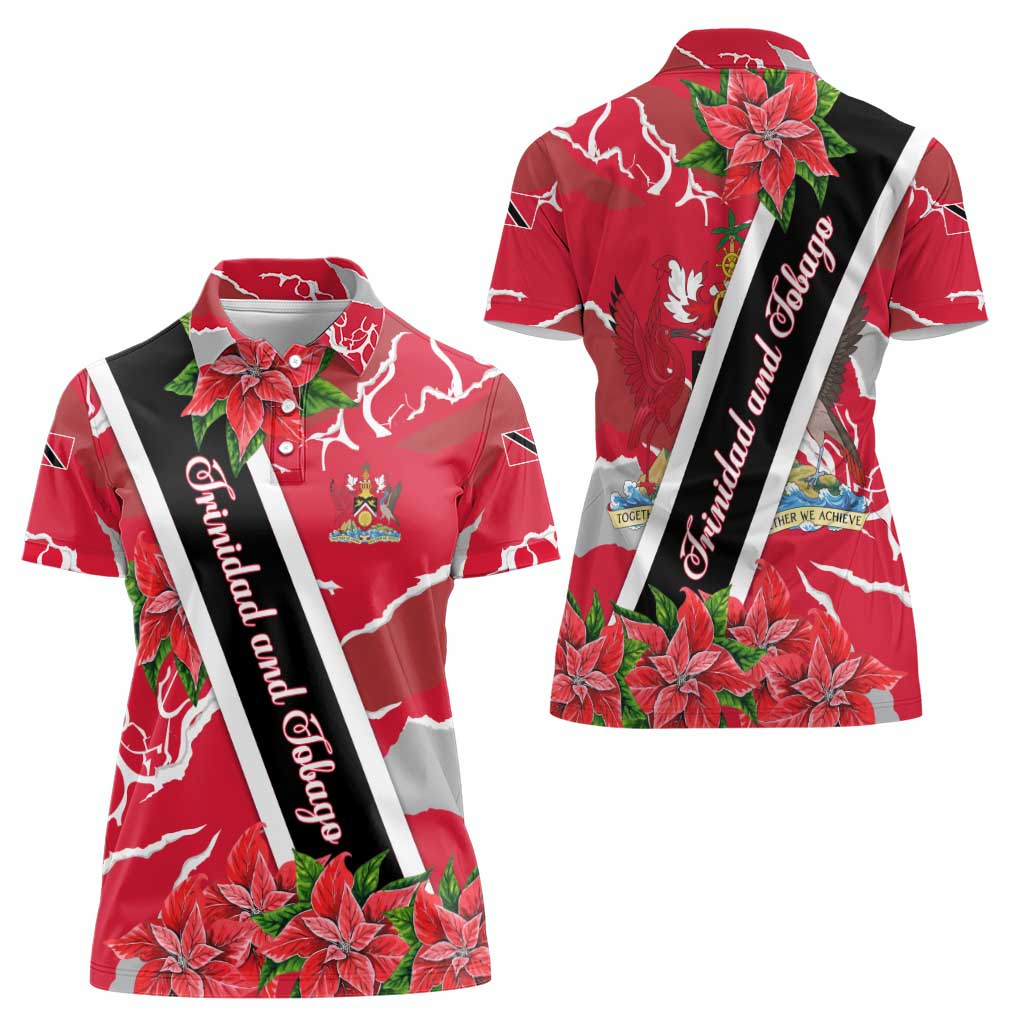 Trinidad and Tobago Red Poinsettia Women Polo Shirt with National Crest and Diagonal Flag Sash Design - Wonder Print Shop
