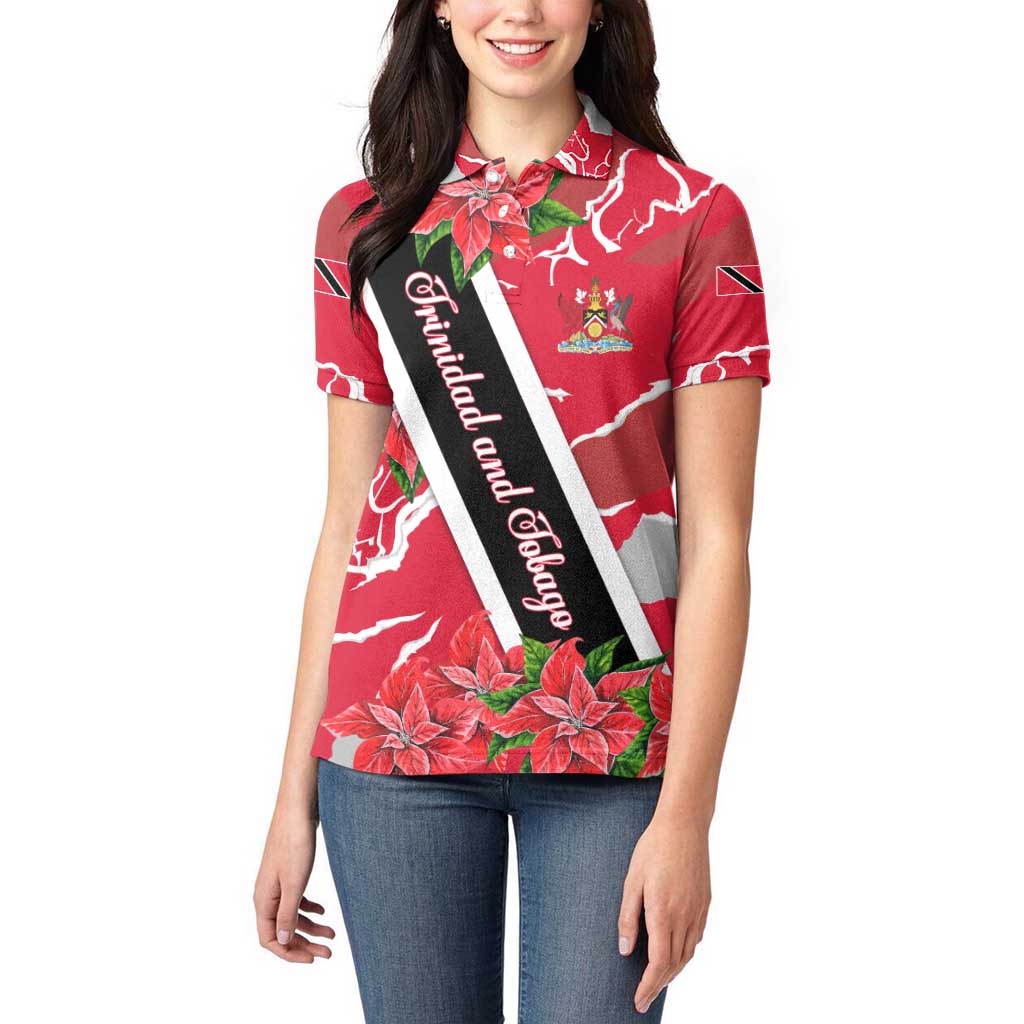 Trinidad and Tobago Red Poinsettia Women Polo Shirt with National Crest and Diagonal Flag Sash Design - Wonder Print Shop