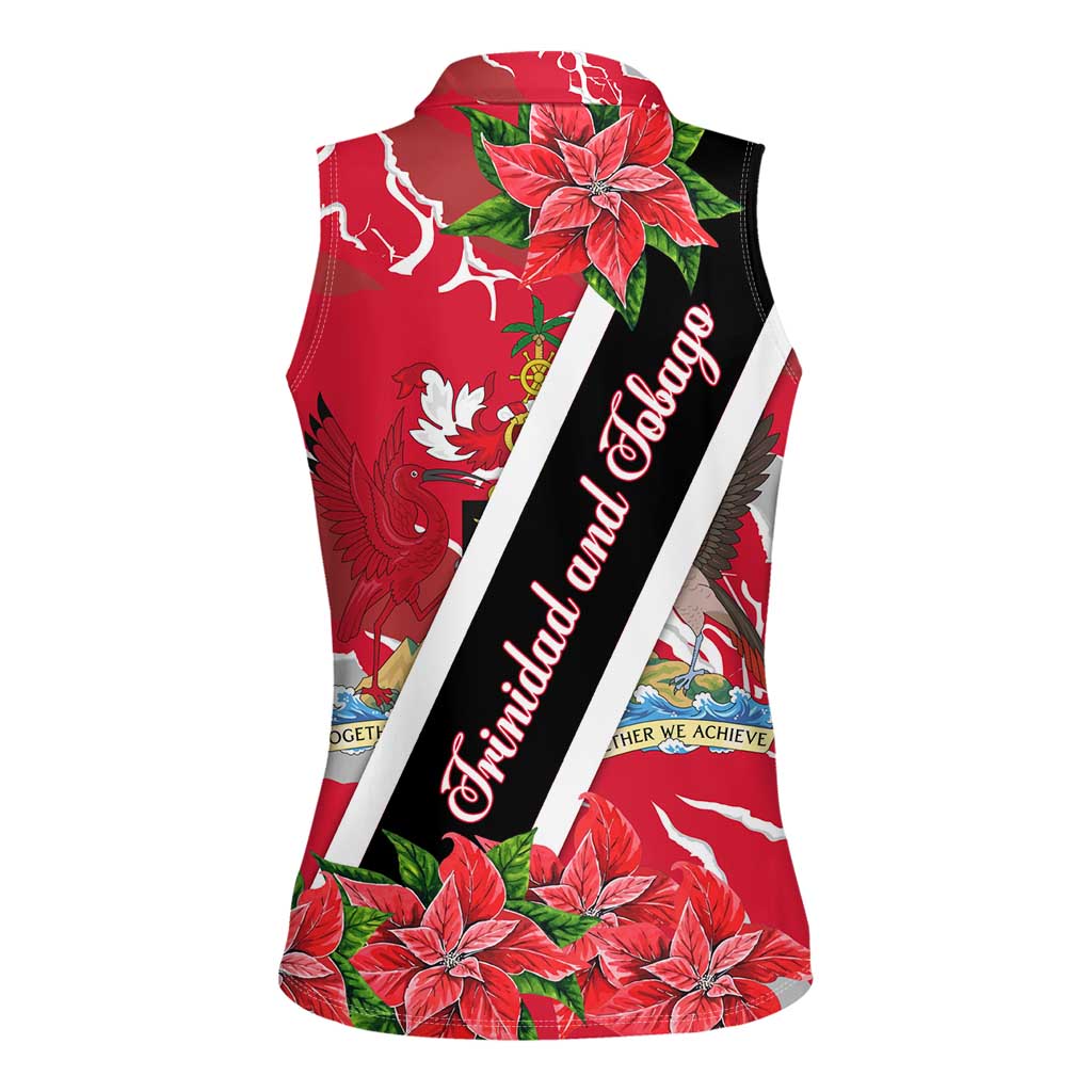 Trinidad and Tobago Red Poinsettia Women Sleeveless Polo Shirt with National Crest and Diagonal Flag Sash Design - Wonder Print Shop