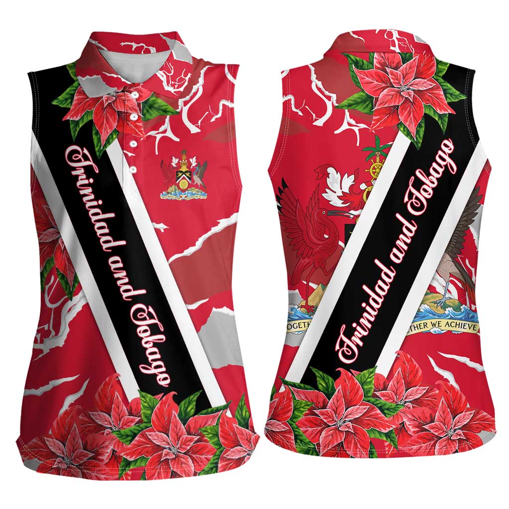 Trinidad and Tobago Red Poinsettia Women Sleeveless Polo Shirt with National Crest and Diagonal Flag Sash Design - Wonder Print Shop