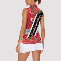 Trinidad and Tobago Red Poinsettia Women Sleeveless Polo Shirt with National Crest and Diagonal Flag Sash Design - Wonder Print Shop