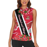 Trinidad and Tobago Red Poinsettia Women Sleeveless Polo Shirt with National Crest and Diagonal Flag Sash Design - Wonder Print Shop