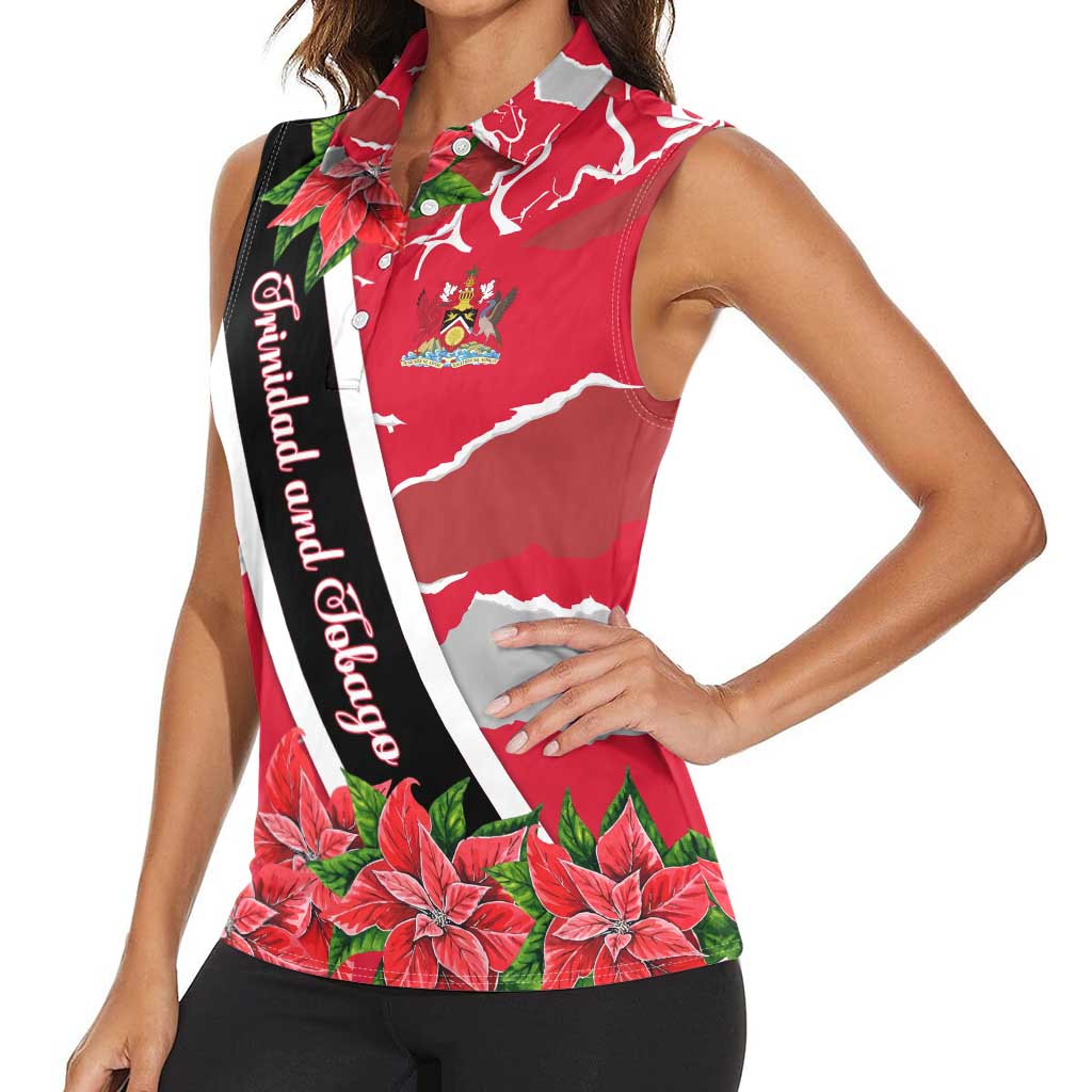 Trinidad and Tobago Red Poinsettia Women Sleeveless Polo Shirt with National Crest and Diagonal Flag Sash Design - Wonder Print Shop
