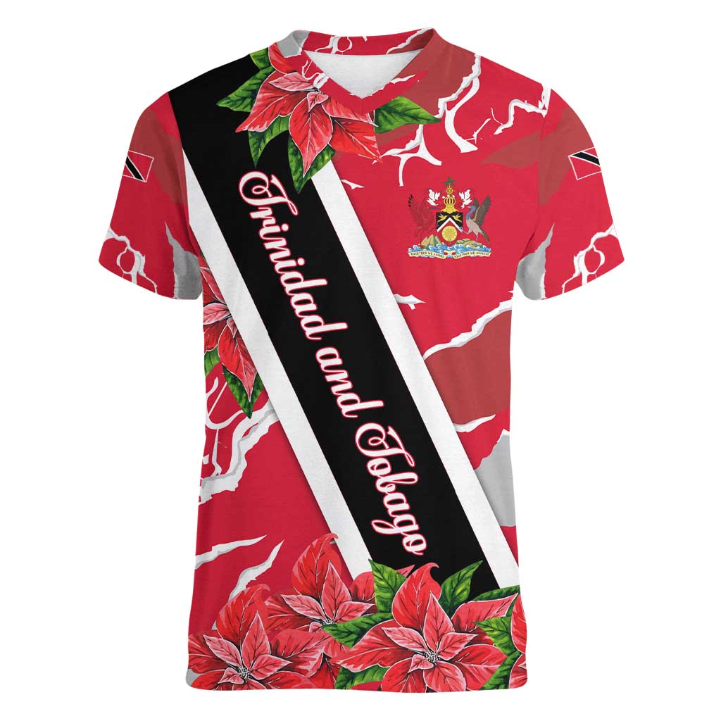 Trinidad and Tobago Red Poinsettia Women V-Neck T-Shirt with National Crest and Diagonal Flag Sash Design - Wonder Print Shop