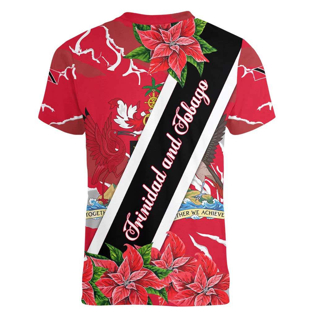 Trinidad and Tobago Red Poinsettia Women V-Neck T-Shirt with National Crest and Diagonal Flag Sash Design - Wonder Print Shop