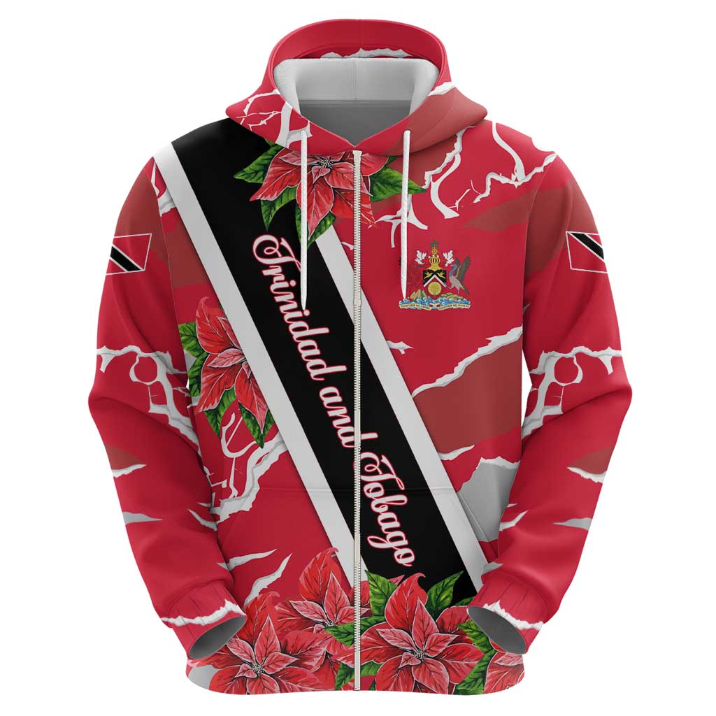 Trinidad and Tobago Red Poinsettia Zip Hoodie with National Crest and Diagonal Flag Sash Design - Wonder Print Shop