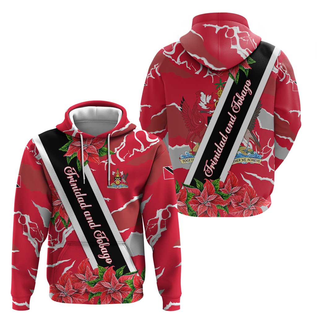 Trinidad and Tobago Red Poinsettia Zip Hoodie with National Crest and Diagonal Flag Sash Design - Wonder Print Shop