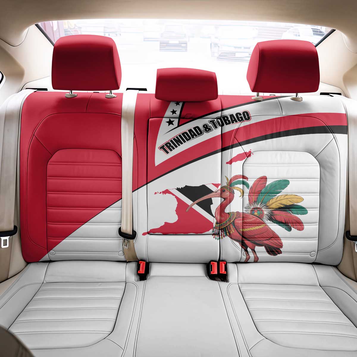 Trinidad and Tobago National Map Back Car Seat Cover with Scarlet Ibis and Coat of Arms on Red White Star Theme - Wonder Print Shop