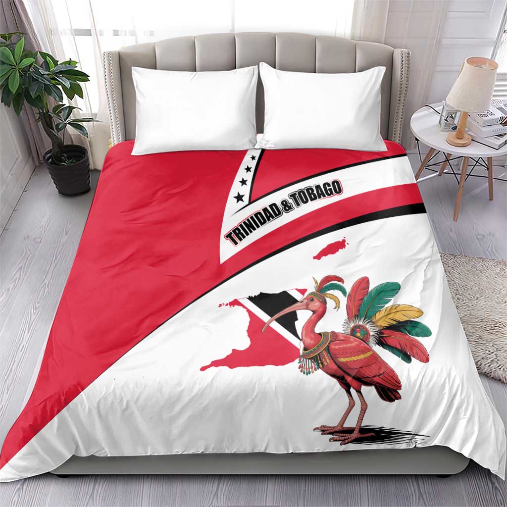 Trinidad and Tobago National Map Bedding Set with Scarlet Ibis and Coat of Arms on Red White Star Theme - Wonder Print Shop