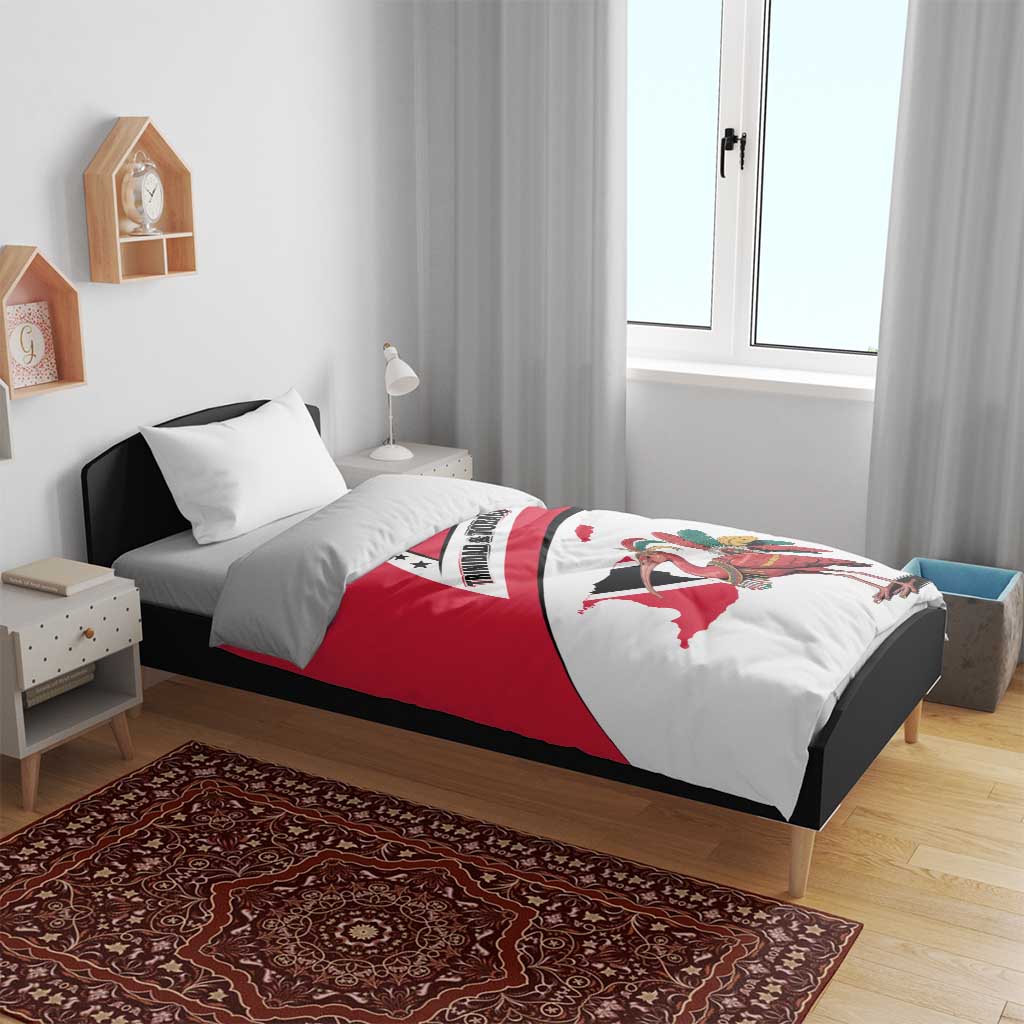 Trinidad and Tobago National Map Bedding Set with Scarlet Ibis and Coat of Arms on Red White Star Theme - Wonder Print Shop