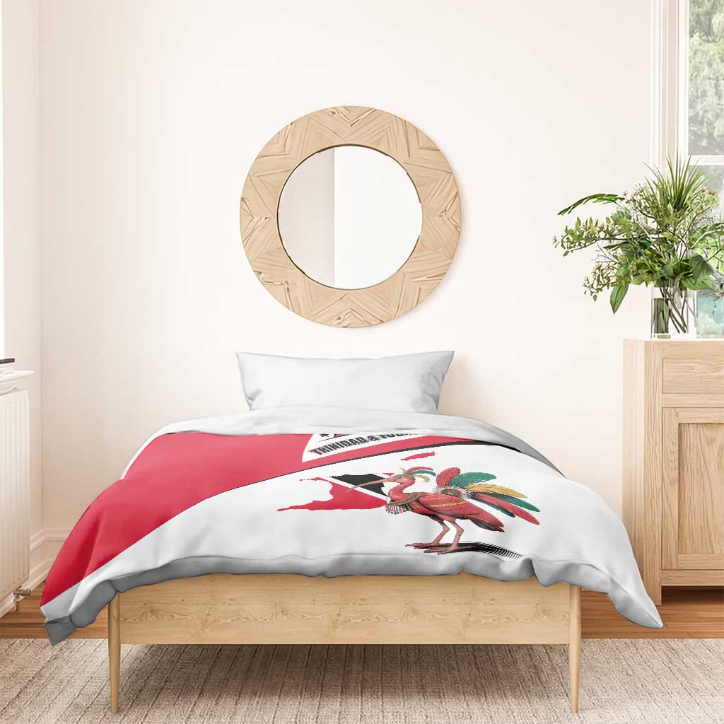 Trinidad and Tobago National Map Bedding Set with Scarlet Ibis and Coat of Arms on Red White Star Theme - Wonder Print Shop