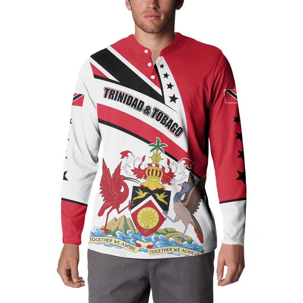Trinidad and Tobago National Map Button Sweatshirt with Scarlet Ibis and Coat of Arms on Red White Star Theme - Wonder Print Shop