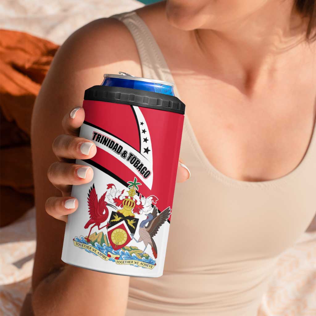 Trinidad and Tobago National Map 4 in 1 Can Cooler Tumbler with Scarlet Ibis and Coat of Arms on Red White Star Theme - Wonder Print Shop