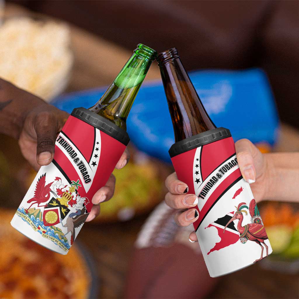 Trinidad and Tobago National Map 4 in 1 Can Cooler Tumbler with Scarlet Ibis and Coat of Arms on Red White Star Theme - Wonder Print Shop