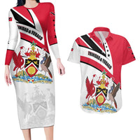 Trinidad and Tobago National Map Couples Matching Long Sleeve Bodycon Dress and Hawaiian Shirt with Scarlet Ibis and Coat of Arms on Red White Star Theme - Wonder Print Shop