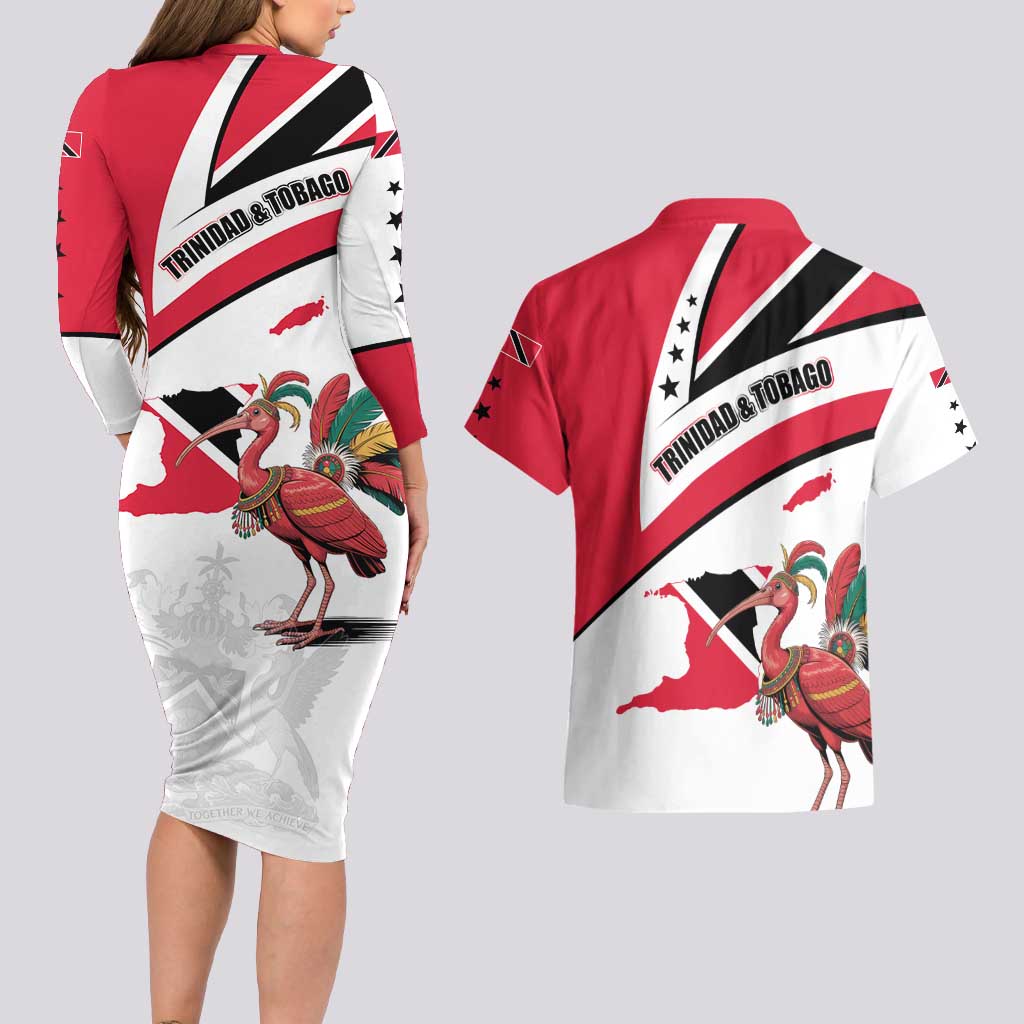 Trinidad and Tobago National Map Couples Matching Long Sleeve Bodycon Dress and Hawaiian Shirt with Scarlet Ibis and Coat of Arms on Red White Star Theme - Wonder Print Shop