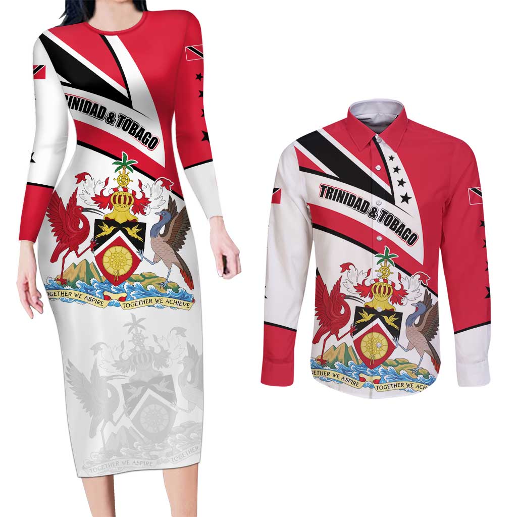 Trinidad and Tobago National Map Couples Matching Long Sleeve Bodycon Dress and Long Sleeve Button Shirt with Scarlet Ibis and Coat of Arms on Red White Star Theme - Wonder Print Shop