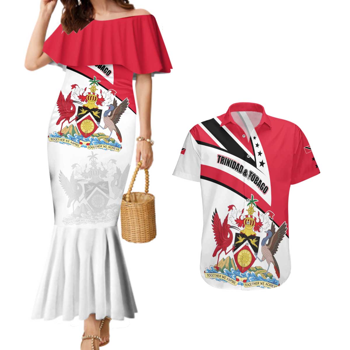 Trinidad and Tobago National Map Couples Matching Mermaid Dress and Hawaiian Shirt with Scarlet Ibis and Coat of Arms on Red White Star Theme - Wonder Print Shop