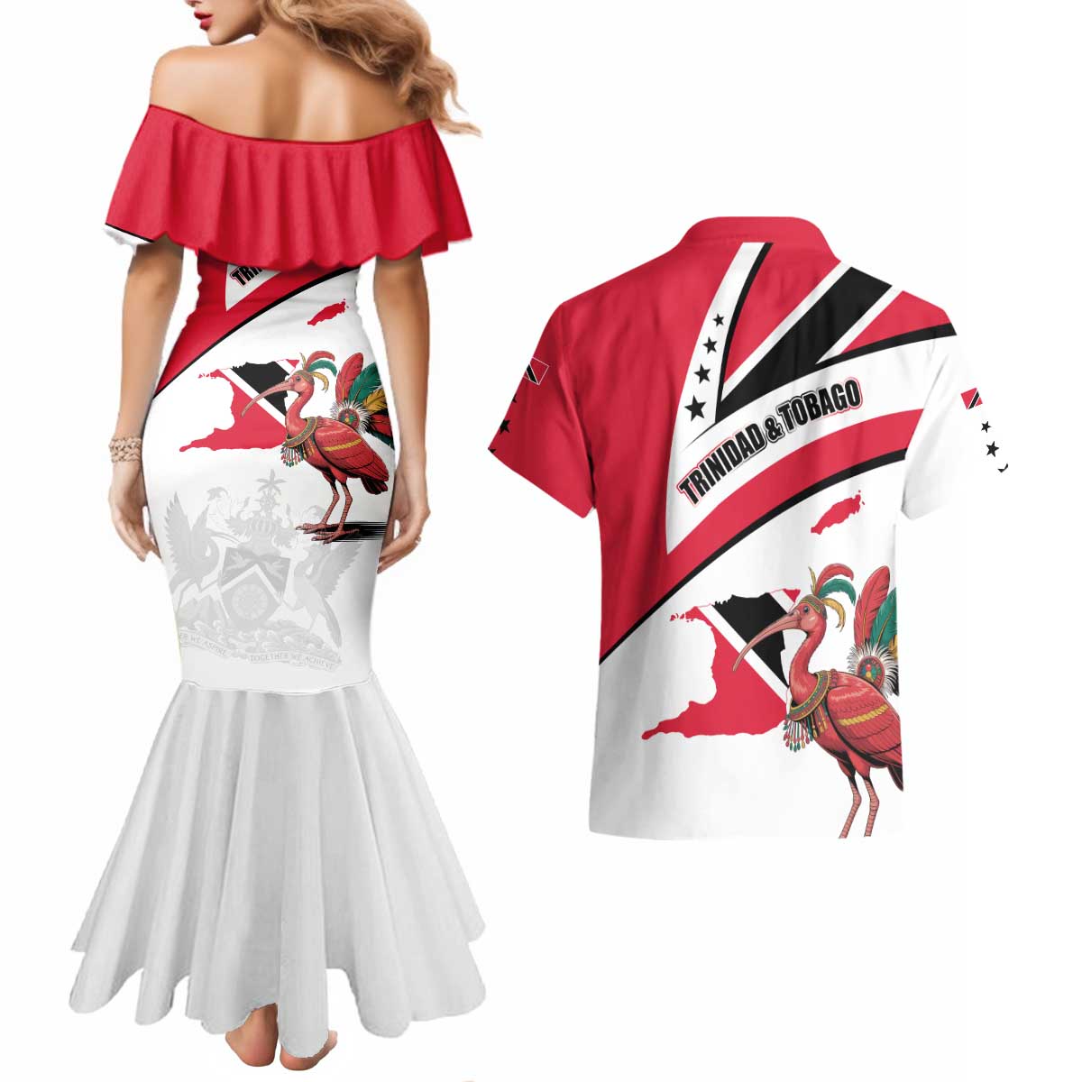 Trinidad and Tobago National Map Couples Matching Mermaid Dress and Hawaiian Shirt with Scarlet Ibis and Coat of Arms on Red White Star Theme - Wonder Print Shop