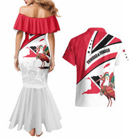 Trinidad and Tobago National Map Couples Matching Mermaid Dress and Hawaiian Shirt with Scarlet Ibis and Coat of Arms on Red White Star Theme - Wonder Print Shop