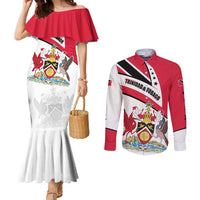 Trinidad and Tobago National Map Couples Matching Mermaid Dress and Long Sleeve Button Shirt with Scarlet Ibis and Coat of Arms on Red White Star Theme - Wonder Print Shop
