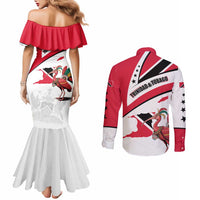 Trinidad and Tobago National Map Couples Matching Mermaid Dress and Long Sleeve Button Shirt with Scarlet Ibis and Coat of Arms on Red White Star Theme - Wonder Print Shop
