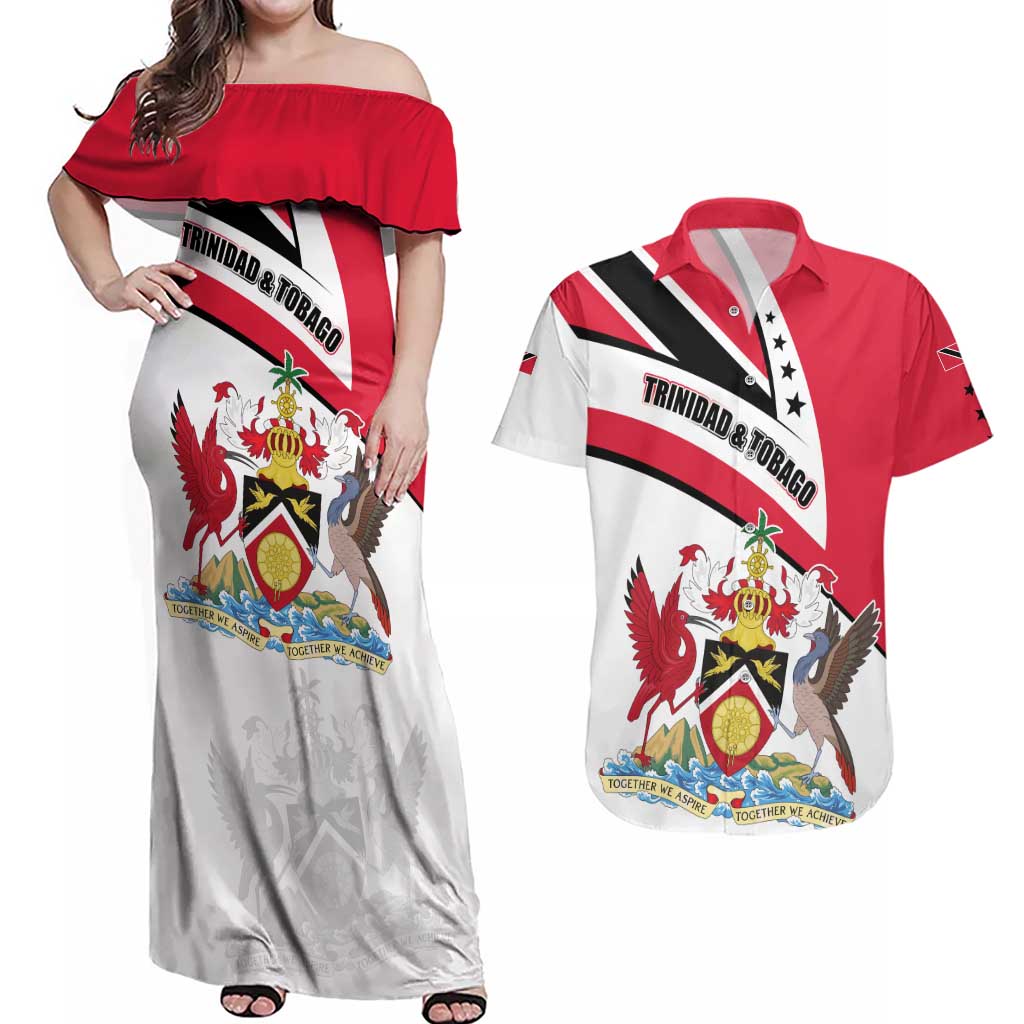 Trinidad and Tobago National Map Couples Matching Off Shoulder Maxi Dress and Hawaiian Shirt with Scarlet Ibis and Coat of Arms on Red White Star Theme - Wonder Print Shop