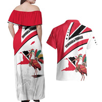 Trinidad and Tobago National Map Couples Matching Off Shoulder Maxi Dress and Hawaiian Shirt with Scarlet Ibis and Coat of Arms on Red White Star Theme - Wonder Print Shop