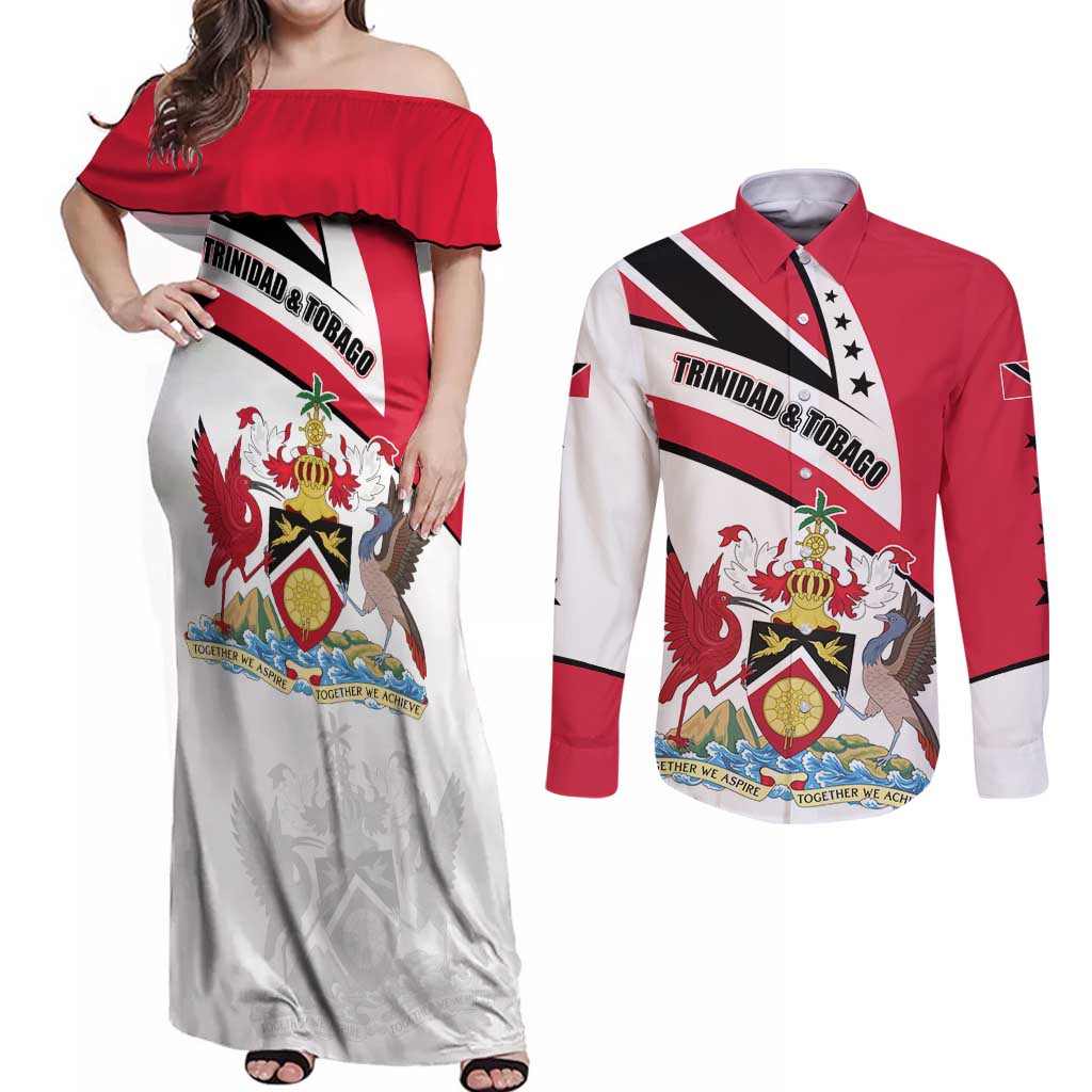 Trinidad and Tobago National Map Couples Matching Off Shoulder Maxi Dress and Long Sleeve Button Shirt with Scarlet Ibis and Coat of Arms on Red White Star Theme - Wonder Print Shop