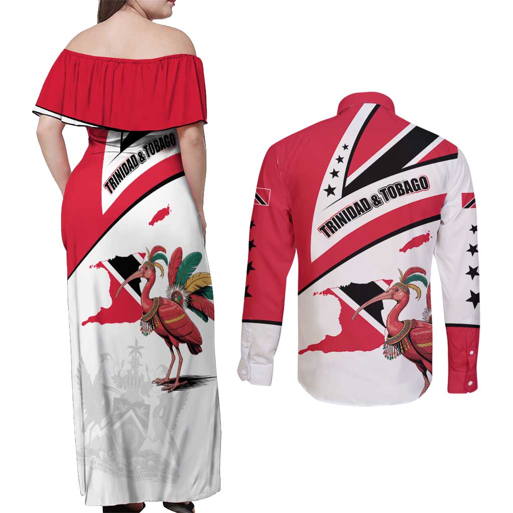 Trinidad and Tobago National Map Couples Matching Off Shoulder Maxi Dress and Long Sleeve Button Shirt with Scarlet Ibis and Coat of Arms on Red White Star Theme - Wonder Print Shop
