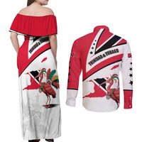 Trinidad and Tobago National Map Couples Matching Off Shoulder Maxi Dress and Long Sleeve Button Shirt with Scarlet Ibis and Coat of Arms on Red White Star Theme - Wonder Print Shop