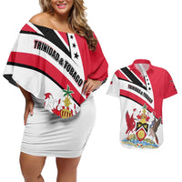Trinidad and Tobago National Map Couples Matching Off Shoulder Short Dress and Hawaiian Shirt with Scarlet Ibis and Coat of Arms on Red White Star Theme - Wonder Print Shop