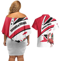 Trinidad and Tobago National Map Couples Matching Off Shoulder Short Dress and Hawaiian Shirt with Scarlet Ibis and Coat of Arms on Red White Star Theme - Wonder Print Shop