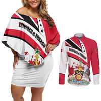 Trinidad and Tobago National Map Couples Matching Off Shoulder Short Dress and Long Sleeve Button Shirt with Scarlet Ibis and Coat of Arms on Red White Star Theme - Wonder Print Shop