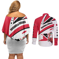 Trinidad and Tobago National Map Couples Matching Off Shoulder Short Dress and Long Sleeve Button Shirt with Scarlet Ibis and Coat of Arms on Red White Star Theme - Wonder Print Shop