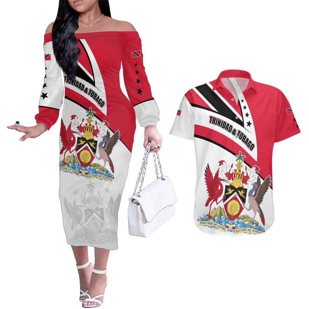 Trinidad and Tobago National Map Couples Matching Off The Shoulder Long Sleeve Dress and Hawaiian Shirt with Scarlet Ibis and Coat of Arms on Red White Star Theme - Wonder Print Shop