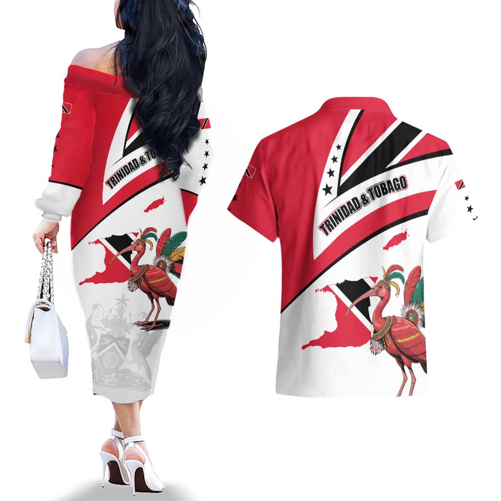 Trinidad and Tobago National Map Couples Matching Off The Shoulder Long Sleeve Dress and Hawaiian Shirt with Scarlet Ibis and Coat of Arms on Red White Star Theme - Wonder Print Shop