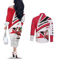 Trinidad and Tobago National Map Couples Matching Off The Shoulder Long Sleeve Dress and Long Sleeve Button Shirt with Scarlet Ibis and Coat of Arms on Red White Star Theme - Wonder Print Shop