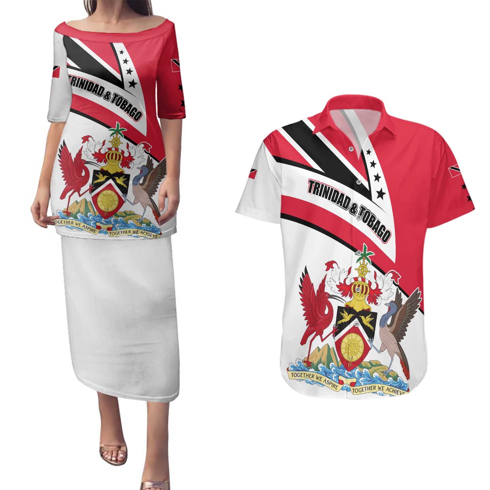 Trinidad and Tobago National Map Couples Matching Puletasi and Hawaiian Shirt with Scarlet Ibis and Coat of Arms on Red White Star Theme - Wonder Print Shop