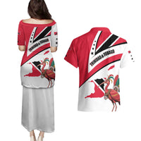 Trinidad and Tobago National Map Couples Matching Puletasi and Hawaiian Shirt with Scarlet Ibis and Coat of Arms on Red White Star Theme - Wonder Print Shop