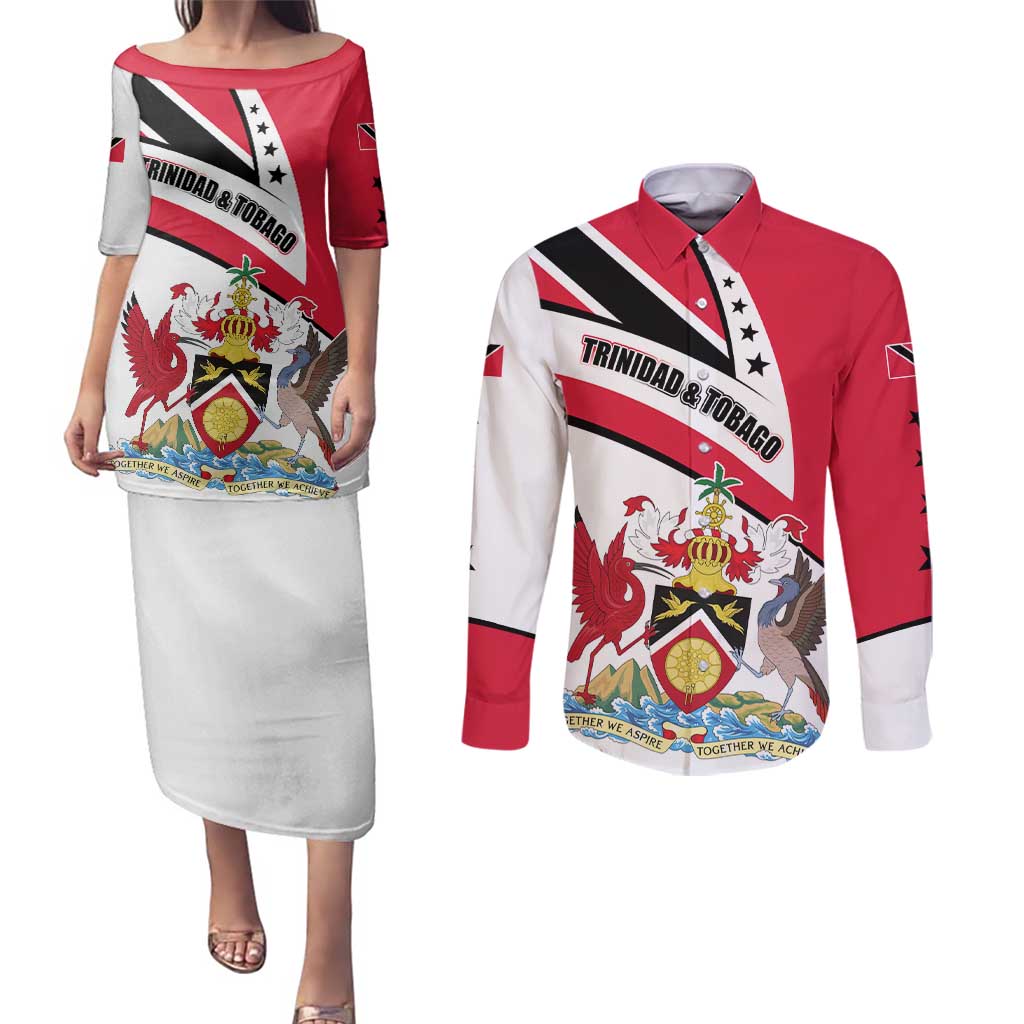 Trinidad and Tobago National Map Couples Matching Puletasi and Long Sleeve Button Shirt with Scarlet Ibis and Coat of Arms on Red White Star Theme - Wonder Print Shop