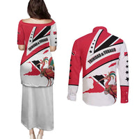 Trinidad and Tobago National Map Couples Matching Puletasi and Long Sleeve Button Shirt with Scarlet Ibis and Coat of Arms on Red White Star Theme - Wonder Print Shop