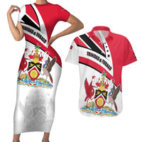 Trinidad and Tobago National Map Couples Matching Short Sleeve Bodycon Dress and Hawaiian Shirt with Scarlet Ibis and Coat of Arms on Red White Star Theme - Wonder Print Shop