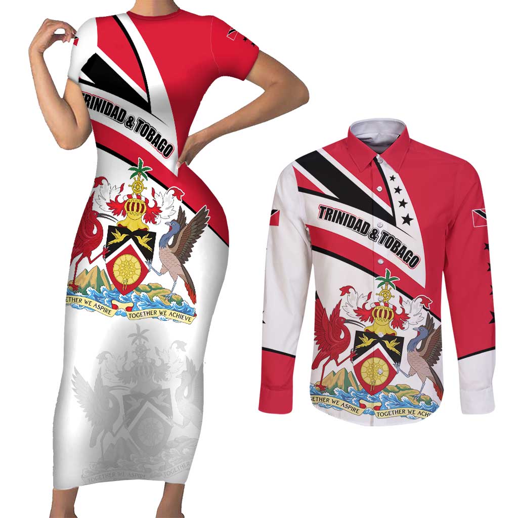Trinidad and Tobago National Map Couples Matching Short Sleeve Bodycon Dress and Long Sleeve Button Shirt with Scarlet Ibis and Coat of Arms on Red White Star Theme - Wonder Print Shop