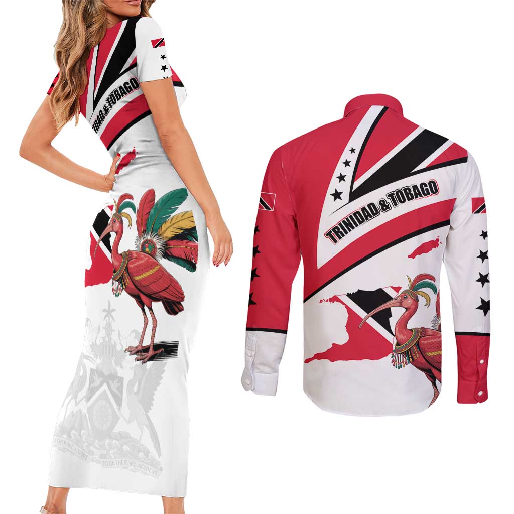 Trinidad and Tobago National Map Couples Matching Short Sleeve Bodycon Dress and Long Sleeve Button Shirt with Scarlet Ibis and Coat of Arms on Red White Star Theme - Wonder Print Shop