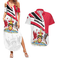 Trinidad and Tobago National Map Couples Matching Summer Maxi Dress and Hawaiian Shirt with Scarlet Ibis and Coat of Arms on Red White Star Theme - Wonder Print Shop