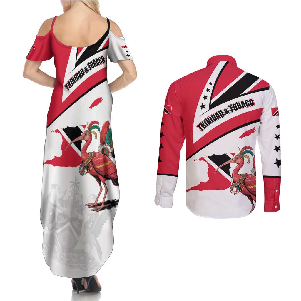 Trinidad and Tobago National Map Couples Matching Summer Maxi Dress and Long Sleeve Button Shirt with Scarlet Ibis and Coat of Arms on Red White Star Theme - Wonder Print Shop