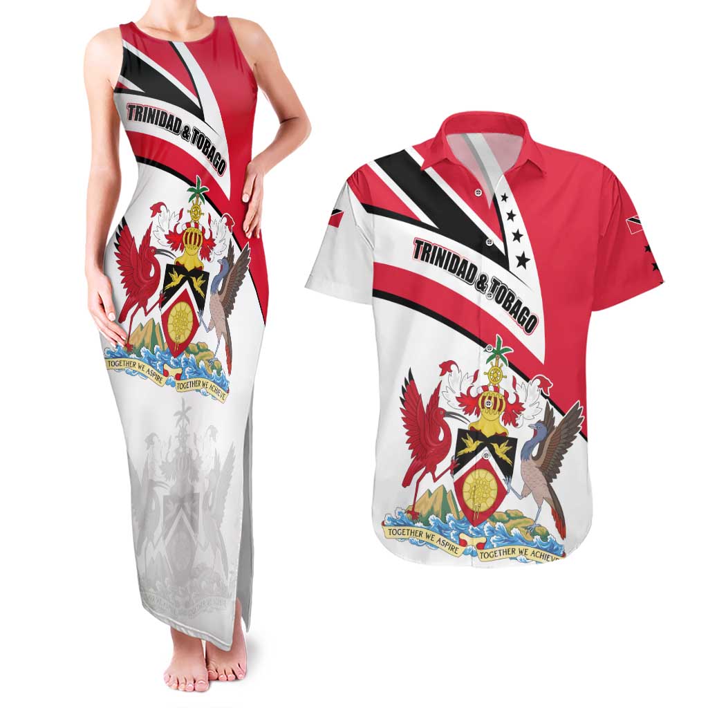 Trinidad and Tobago National Map Couples Matching Tank Maxi Dress and Hawaiian Shirt with Scarlet Ibis and Coat of Arms on Red White Star Theme - Wonder Print Shop