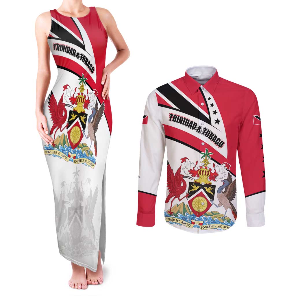 Trinidad and Tobago National Map Couples Matching Tank Maxi Dress and Long Sleeve Button Shirt with Scarlet Ibis and Coat of Arms on Red White Star Theme - Wonder Print Shop